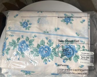 Vintage JC Penney twin sheet set Blue Buds 1 top sheet, 1 bottom fitted sheet , 1 pillow case blue floral print USA Made - New in package