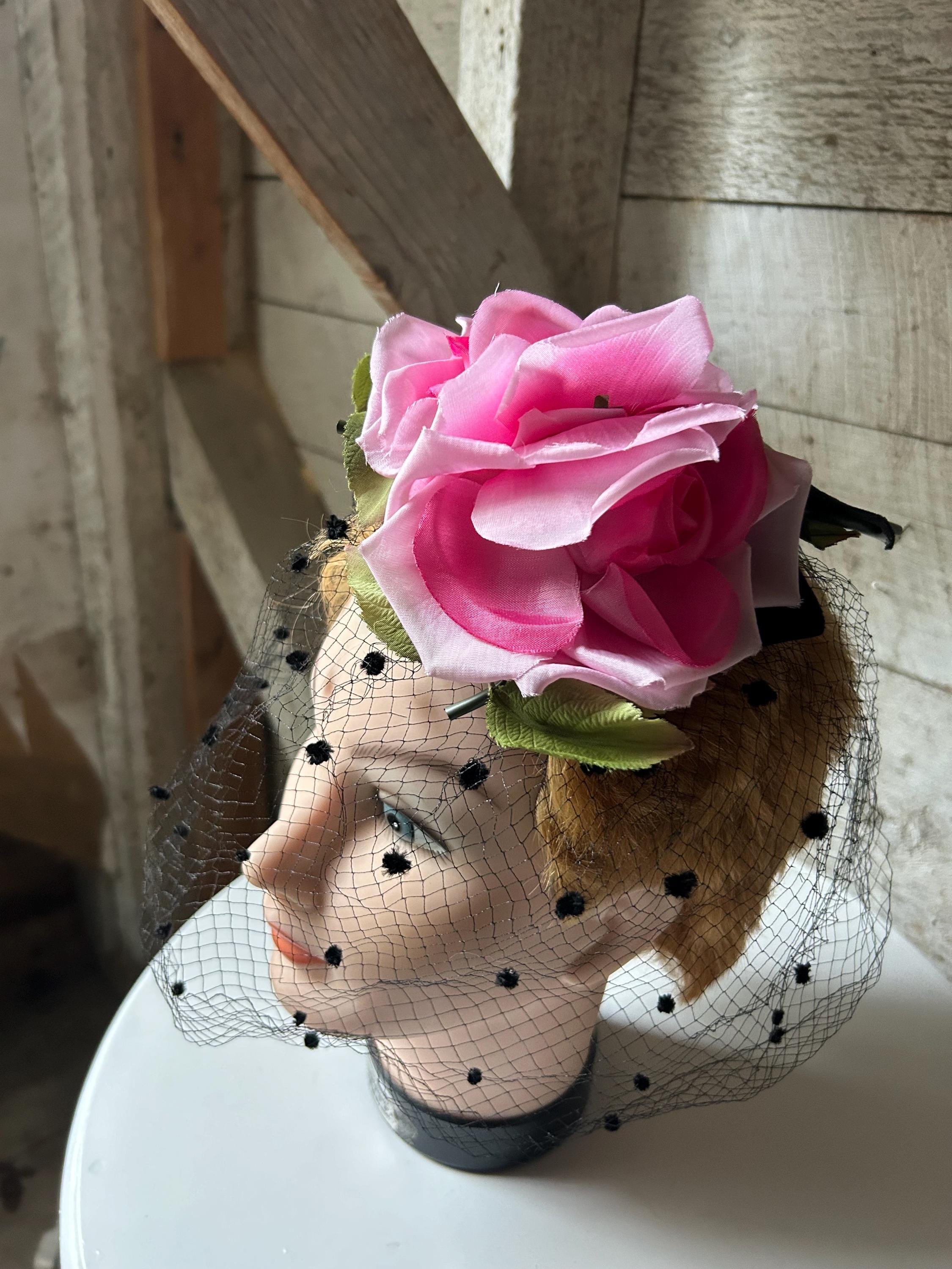 Birdcage veil Fascinator delicate pink netting adorned with fabric flowers 1950s 50s Pink Rose Fascinator Hat - Flowers and Leaves Black Net  main image 2