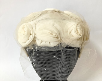 50s White flower Fascinator Hat  Velvet Covered Wire Veil Netting Wedding Hat