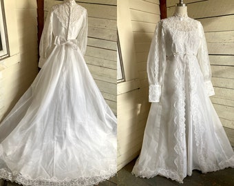 60s Chiffon lace wedding dress high lace neck empire waist long full chiffon sleeves lace bodice train lace overlay