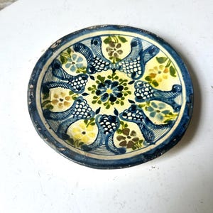 Antique Talavera ceramic plate hand painted trinket dish blue yellow wall decor Mexico