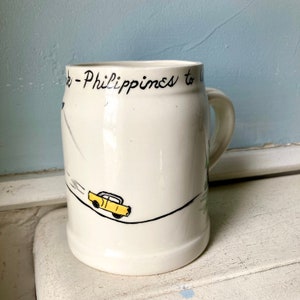60s keramische handgemaakte mok Filippijnen naar West Orange Vermont OOAK handgeschilderd voor Frank 1961