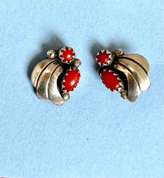 Native American coral stud earrings sterling silver View 2