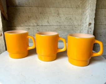Tazas de vidrio con leche de color naranja Fire King, Anchor Hocking, 3 tazas, tazas de café con