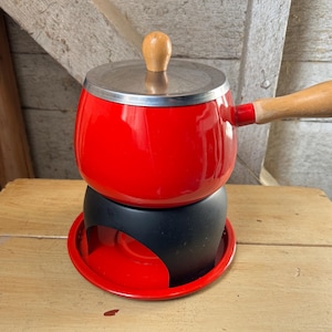 Vintage fondue set metal enamel wood handle mid century red cookware - fondue party