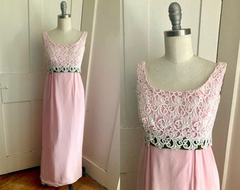 60s pink chiffon formal maxi dress white lace prom dress empire waist sleeveless green velvet ribbon