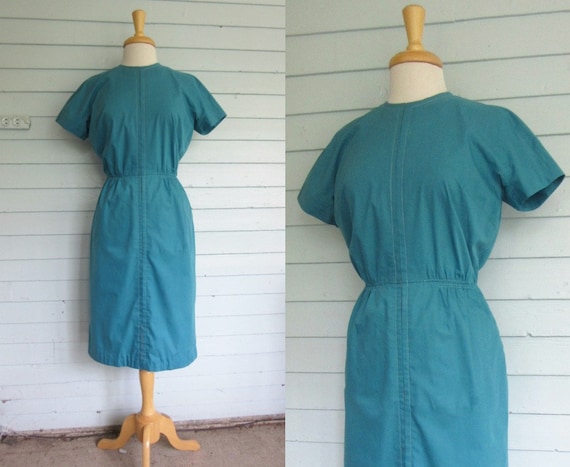 50s Teal cotton blend dress - early 60s - day dre… - image 1