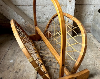 Wood snow shoe magazine rack ski cabin decor rustic handmade farmhouse ooak