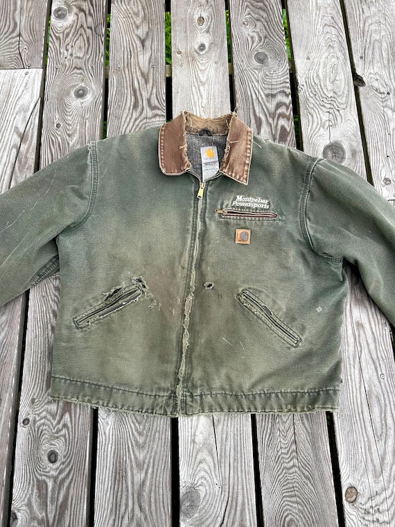 Distressed Carhartt Moss Green Canvas Work Jacket J97 Mos Detroit