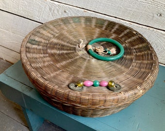 Chinese Basket with coins and beads - round basket with lid jade glass ring glass beads