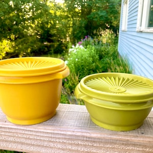 2 Tupperware storage containers harvest gold and avocado green snap on lids kitchen storage