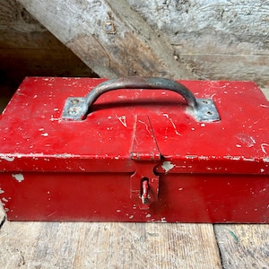 Tool box heavy metal red distressed tool box storage industrial iron box