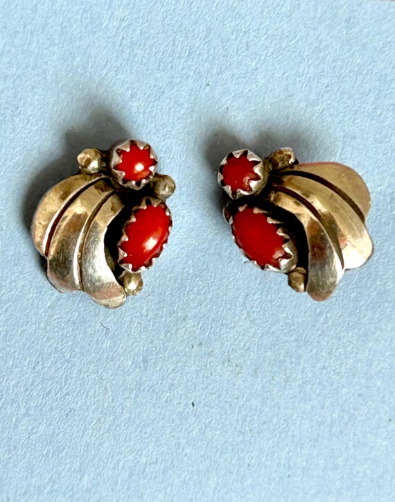 Native American coral stud earrings sterling silver View 4