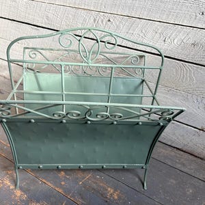 40s 50s metal magazine rack magazine holder  mid century farmhouse scrollwork