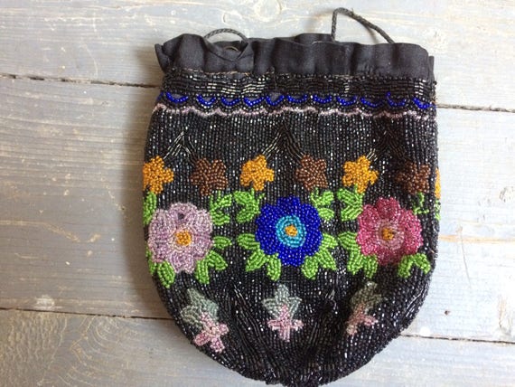 Antique Victorian Beaded Purse floral design draw… - image 1