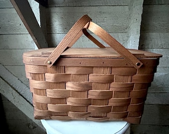 Cesta de picnic - madera partida - 2 asas - tapa de madera - cesta grande - estilo rústico - hecha a mano - Basketville, Vermont