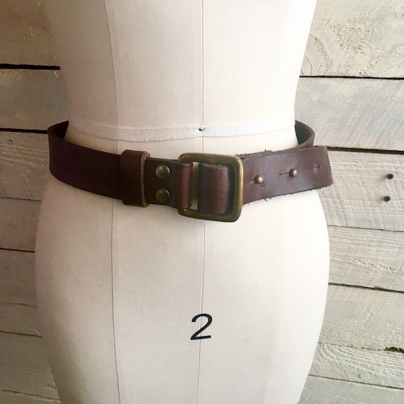 Brown leather belt - brass buckle - hippie - boho… - image 1