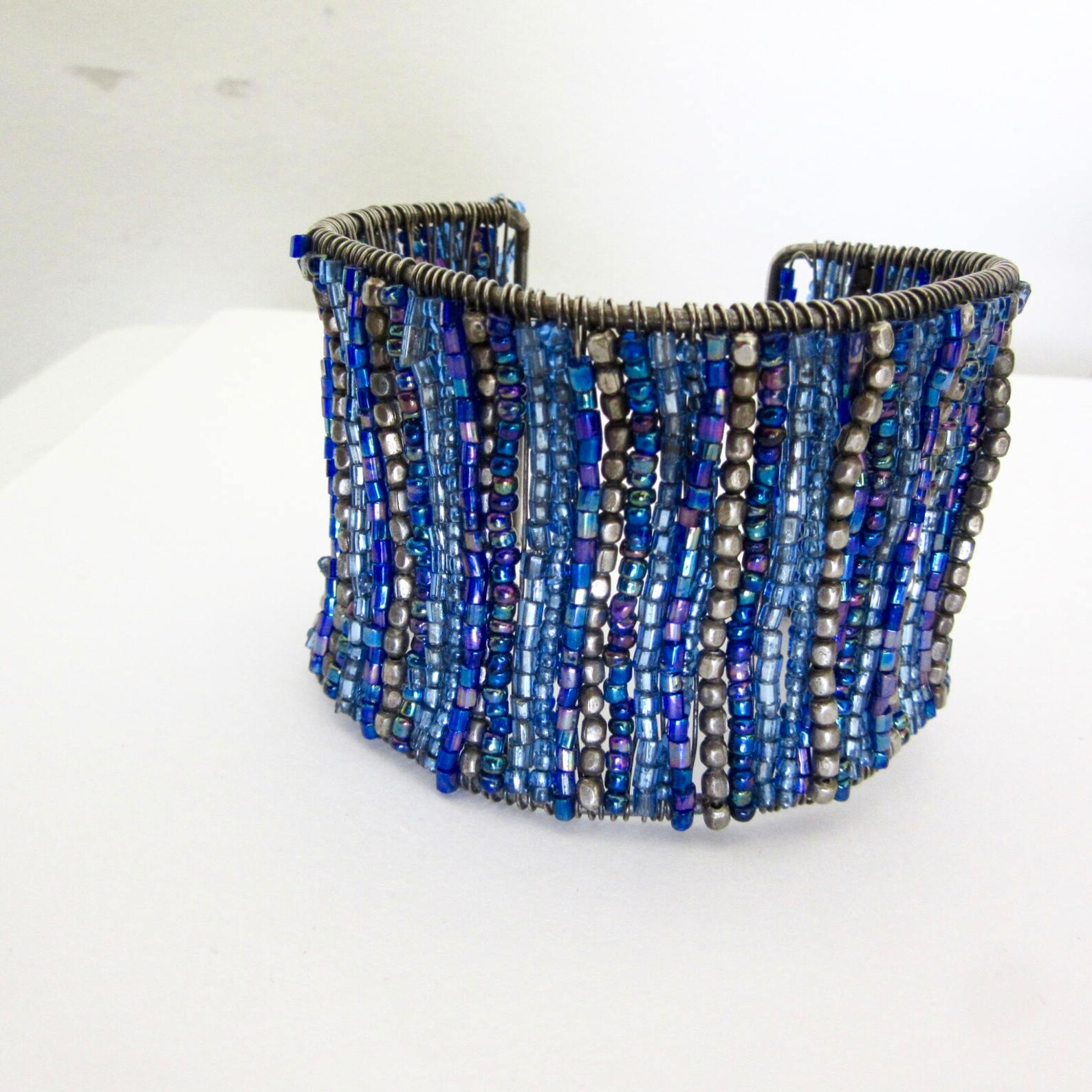 Blue Bead Cuff Wire Wide Bracelet Handmade Bead Cuff Etsy