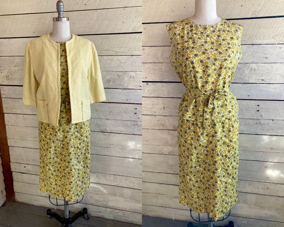 60s Yellow cotton floral print skirt tank jacket … - image 1