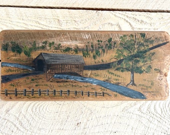 Folk art painting on a recycled wood board hand painted covered bridge trees landscape