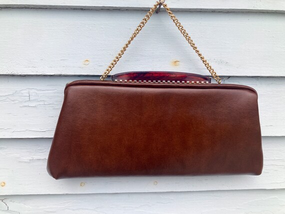60s brown faux leather clutch  - gold chain strap… - image 3