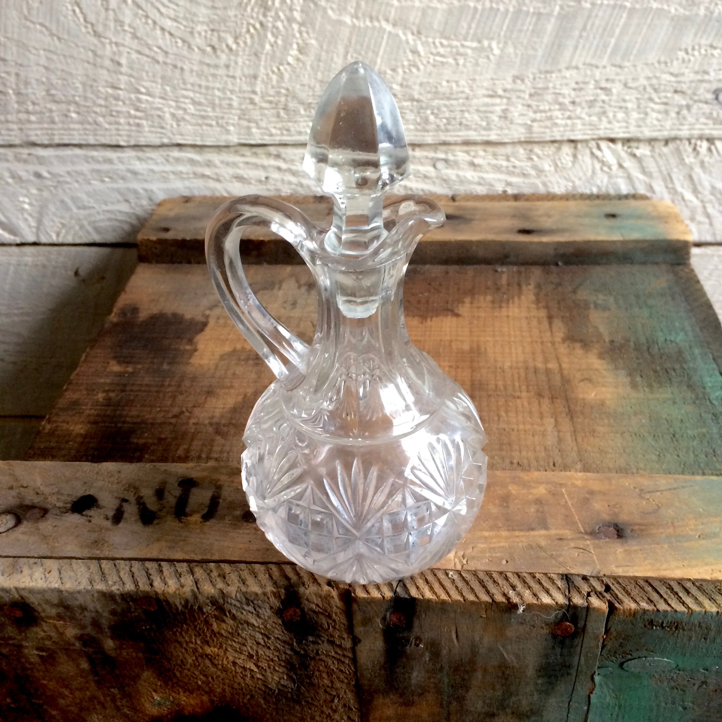 Clear Cut Glass Cruet Glass Stopper Handle Small Pitcher Etsy UK