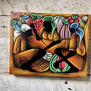 Peinture de femmes haïtiennes - art haïtien - huile sur toile vintage sculptée des années 60 - oeuvre d'art originale signée