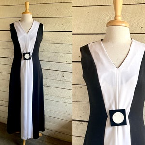 70s black white Maxi Dress - Prom dress Polyester - Stretch - Small - Cocktail dress sleeveless