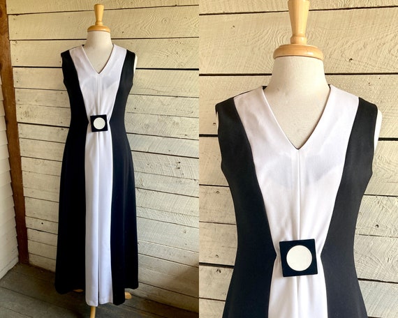 70s black white Maxi Dress - Prom dress Polyester… - image 1