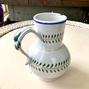 White ceramic pitcher - Portugal hand painted glazed handmade green yellow blue small pitcher