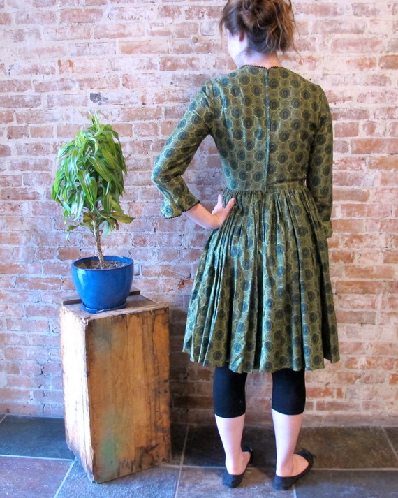 Vintage 1950s Green Cotton Dress Calico Print - Mad Men - Early 60s - Small  - XS - 50s School Dress - Full Skirt - Etsy