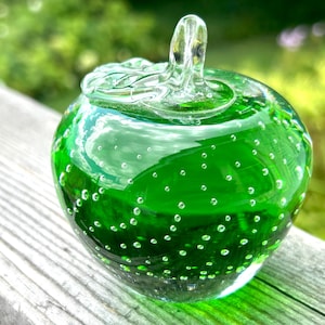 Apple green glass paperweight controlled bubbles Art glass handmade