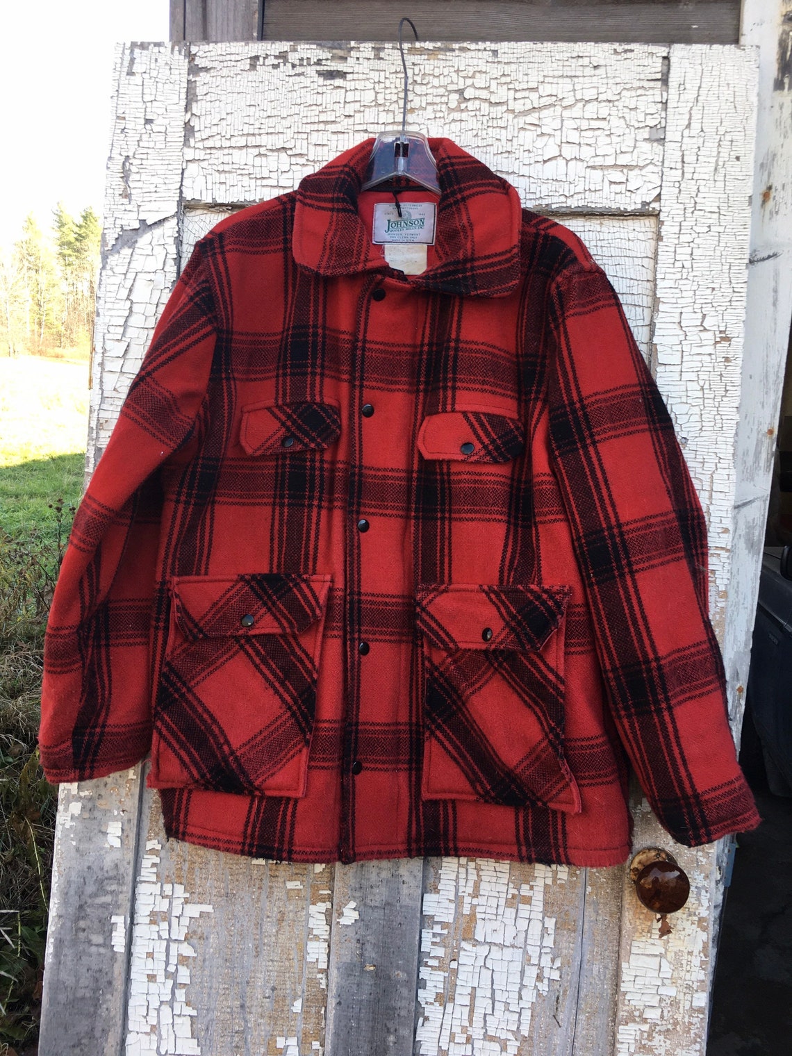 Red Plaid wool jacket Johnson Woolen Mill L/XL hunting Etsy