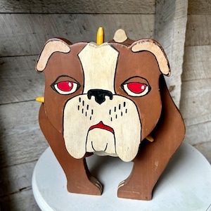 Bulldog wood bank farmhouse handmade brown paint large dog bank mid century 60s hand painted animal bank