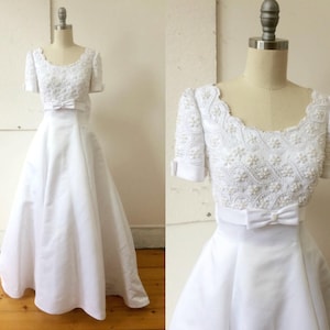 White wedding dress - satin - beads    - short sleeves - train - size small - bustle - empire waist - crinoline - scoop neck - scoop back -