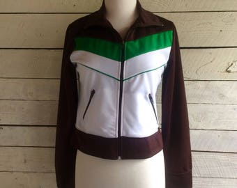 Polyester Short Zip Jacket - Brown - White - Green - Pockets- Stripes - Knit