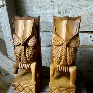 Wood owl bookends hand carved owls mid century