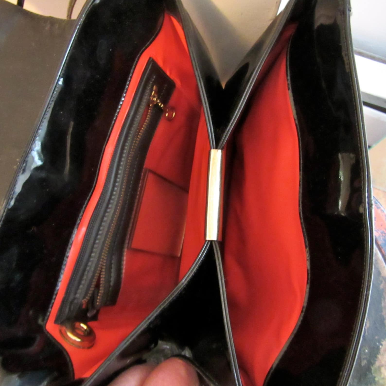 Black Patent Leather Purse Red Inside Shoulder Bag Metal Etsy
