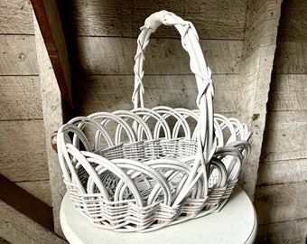 Willow flower basket farmhouse painted white oval  storage  rustic primitive  - handmade round hoop handle wicker garden natural wicker