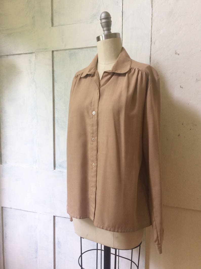 button down 60s tan blouse long sleeve collar