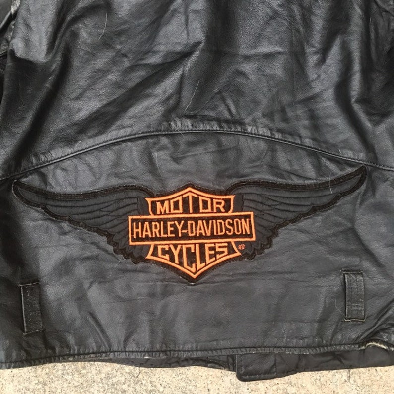 Black Leather Motorcycle Jacket Harley Davidson Patch 70s - Etsy
