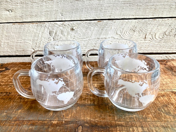 4 Nestle Glass Mugs World Map Globe Clear Glass 8 Oz Etsy UK