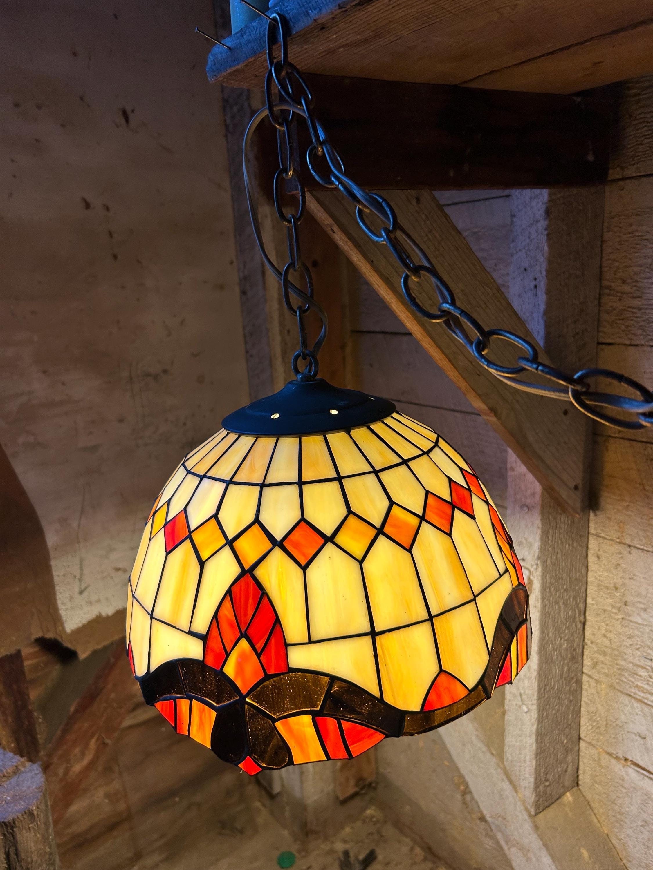 60s 70s Stained Glass Swag Ceiling Lamp Ceiling Hanging Red Orange