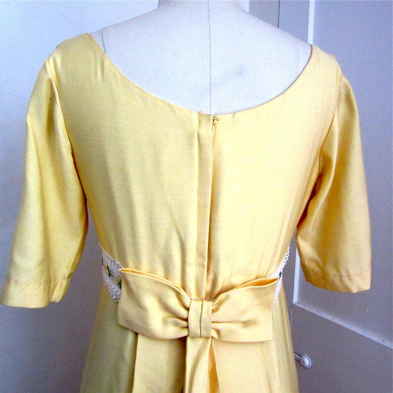 60s Yellow Prom Dress Sylvia Ann Maxi Short Sleeves Embroidered Flowers Empire Waist Lace Bow Small New Without Tags image 5