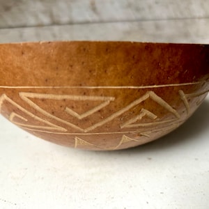 Vintage African bowl primitive gourd folk art carved design  natural gourd