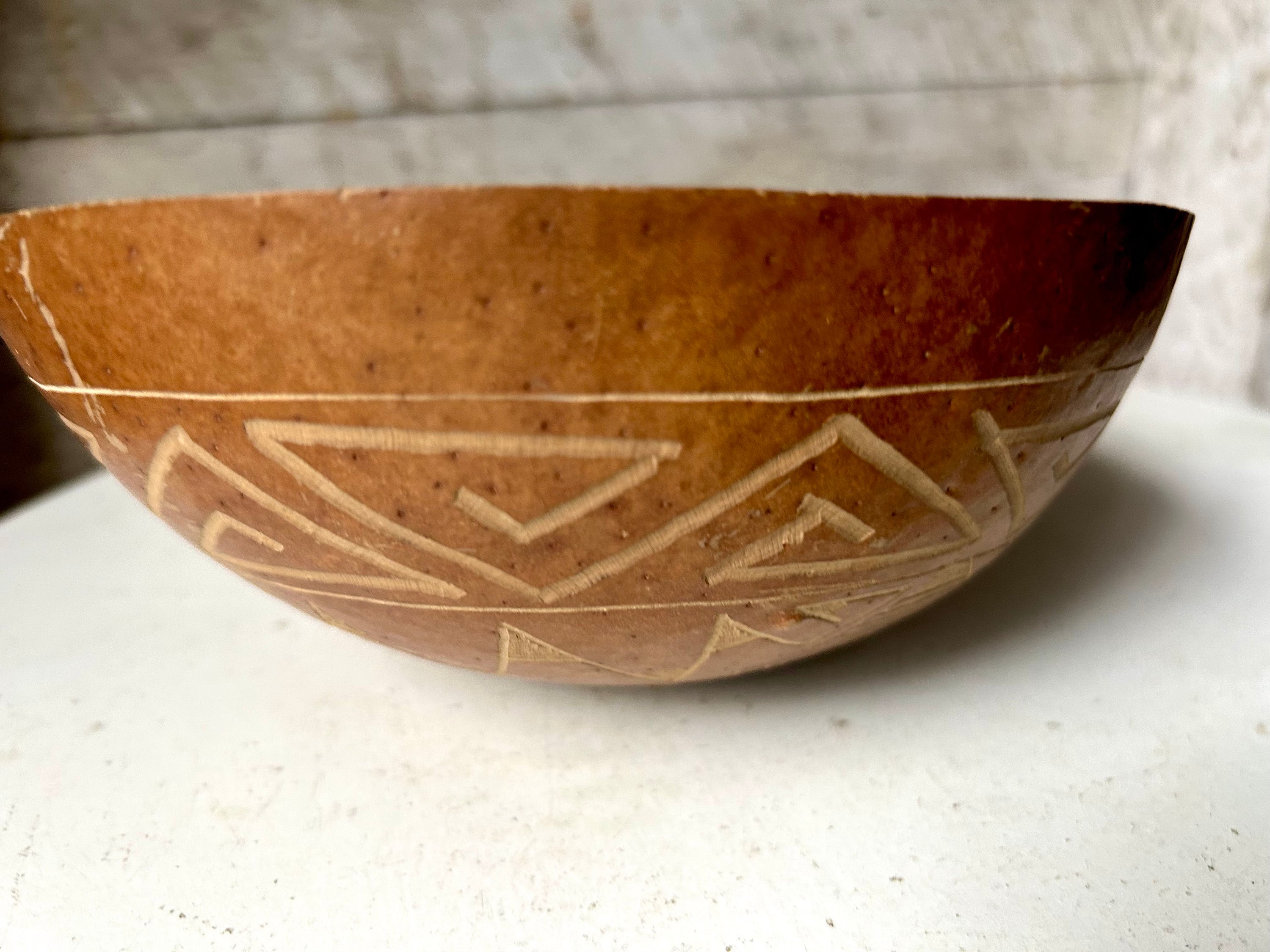 Vintage African bowl primitive gourd folk art carved design  natural gourd
