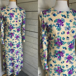 70s floral maxi dress - long sleeves - handmade - purple floral print - cream