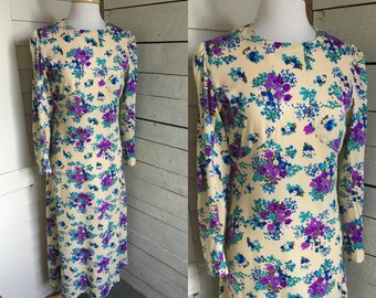 70s floral maxi dress - long sleeves - handmade - purple floral print - cream