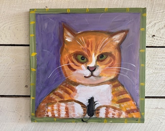 Outsider Art Cat - acrylic painting on canvas cat and mouse small square painting original art wall decor Anne Davis