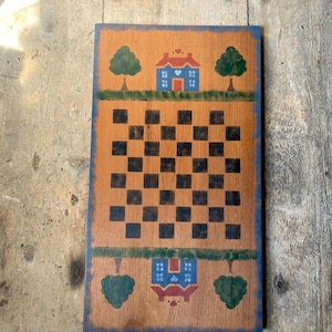 Farmhouse wood checker board painted stenciled handmade wall art houses trees primitive style